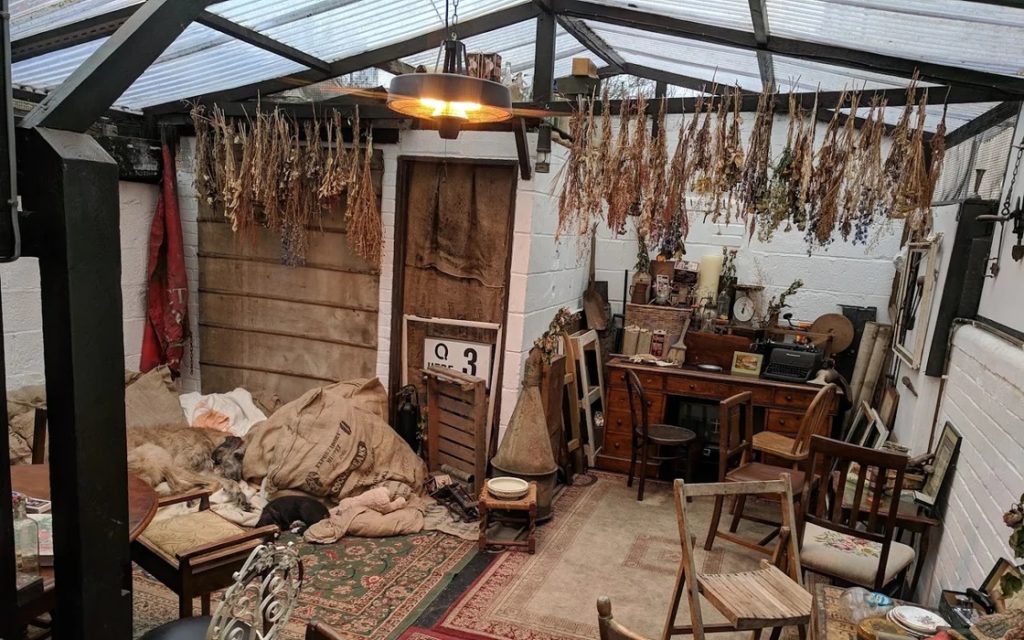 Interior of outside annex of Arboretum, filled with antiques 