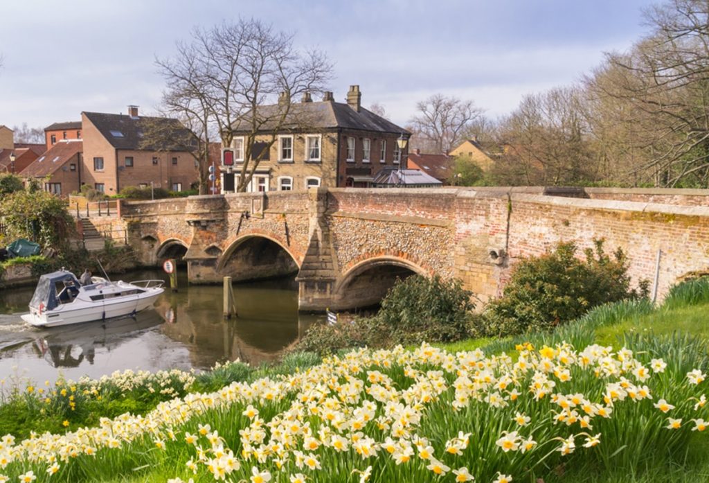A boat passing under Bishopgate's Bridge, with daffodils on the bank of the river
