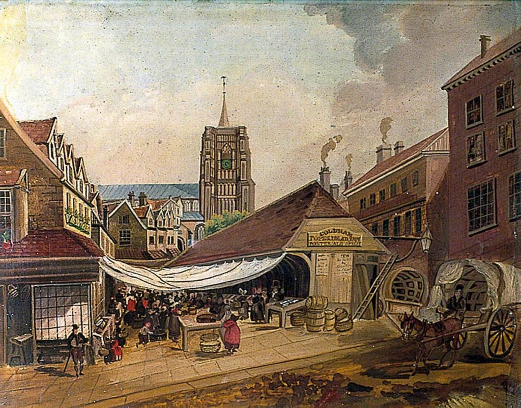 Artists rendition of the fish market, with the church of St Peter Mancroft behind